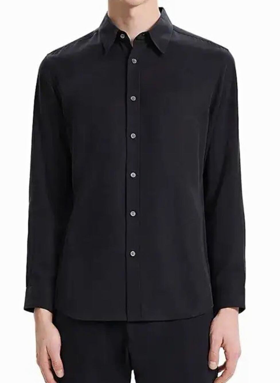 Theory HUGH CS Black Lyocell Woven Button-Up Shirt Point Collar Long Sleeve S